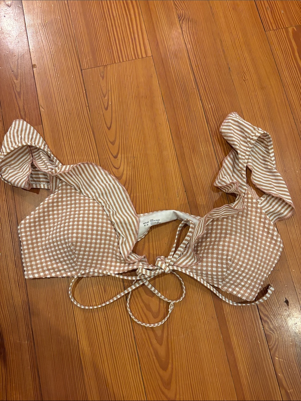 Striped Tie-Front Bikini Top in Taupe Gingham